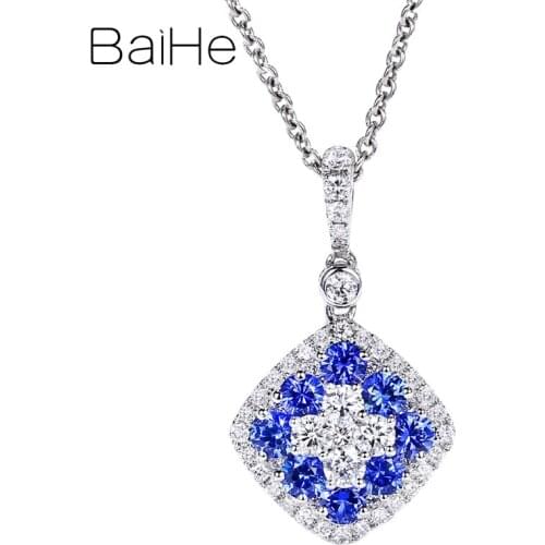 BAIHE Solid 14K White Gold 0.65ct Natural Sapphirs 0.48ct H/SI Diamonds Gift Engagement Fine Jewelry beautiful Sapphirs Pendant