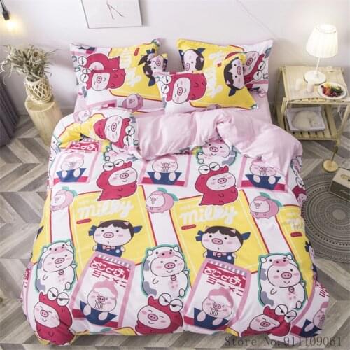 Home Textile King Full Size Bedding Set Yellow Pink Cartoon Pig Pattern Duvet Cover Sheet Pillowcase Children Adult Bedclothes