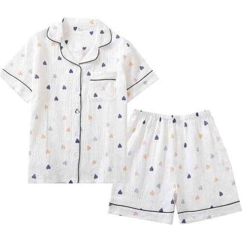 Summer New Ladies 100% Cotton Gauze Short Sleeve Shorts Pajamas Suit Cute Heart-shaped Thin Section Home Service Suit Woman