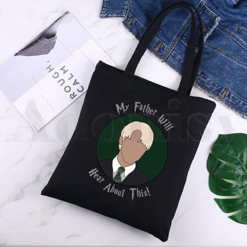 Draco Malfoy Cartoon Hip Hop 90s Reusable Shopping Bag Canvas Tote Bags Printing Eco Bag Cartoon Shopper Shoulder Bags Black