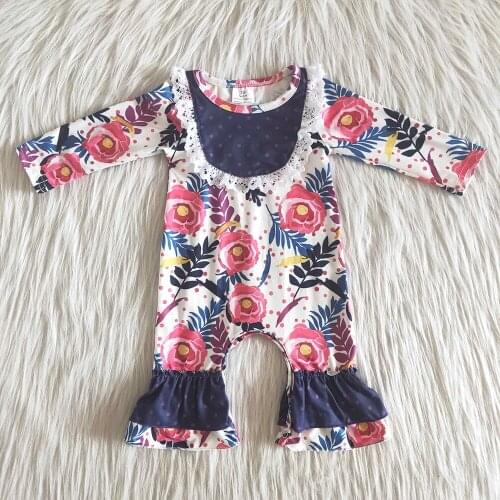 Fashion infants long sleeve romper cute baby girls flower pattern jumpsuit girls fall rompers with ruffle