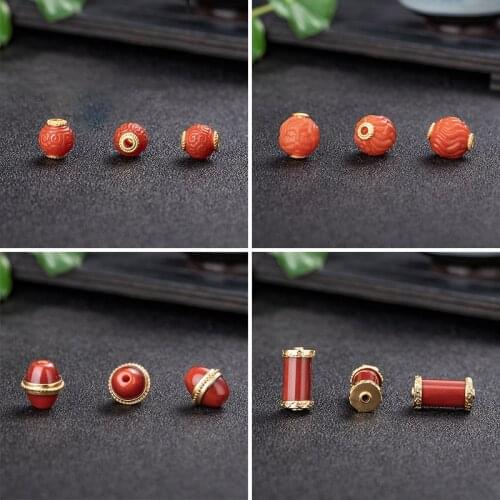 Natural Agate Carved Beads S925 Plating Gold Single Separated Bead DIY Accessories for Bracelet Necklace Jewelry