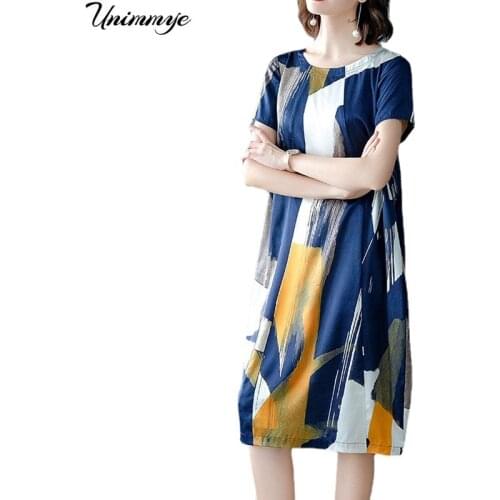 2020 New Summer Middle Aaged Women Ice Silk Short Sleeve Fashion Midi Dress Female Mother Causal Loose Dresses Vestitos W140