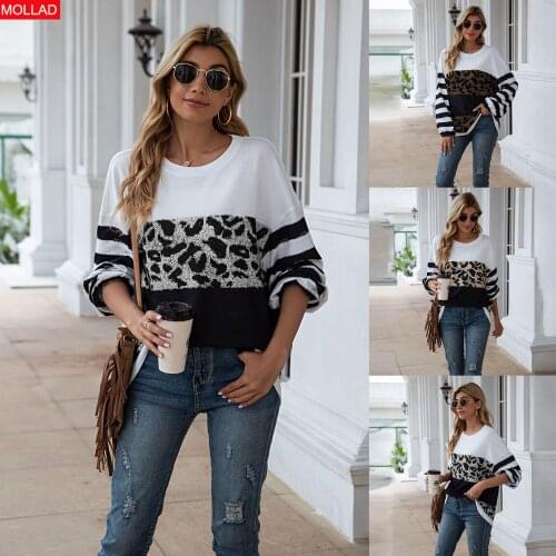 2021 Spring and Autumn European and American New Womens Clothes Leopard Splicing round Neck Top