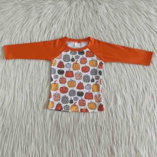 Wholesale Halloween boy t-shirt orange long sleeve raglan pumpkin print fall winter boutique baby boys kids wear RTS