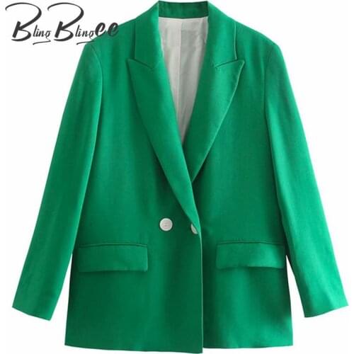 BlingBlingee Office Lady Suit Jacket Summer Fashion Double Breasted Wrist Sleeve Flap Pockets Women Loose Green Blazers Female