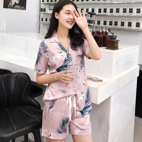 Sexy printing satins ice silk shorts pajamas sets women summer Korea fresh women short sleeve shorts sleepwear women pyjamas