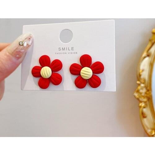 Simple Cute Red Flower Earrings For Women 2021 New Fashion Elegant Female Jewelry Stud Ear