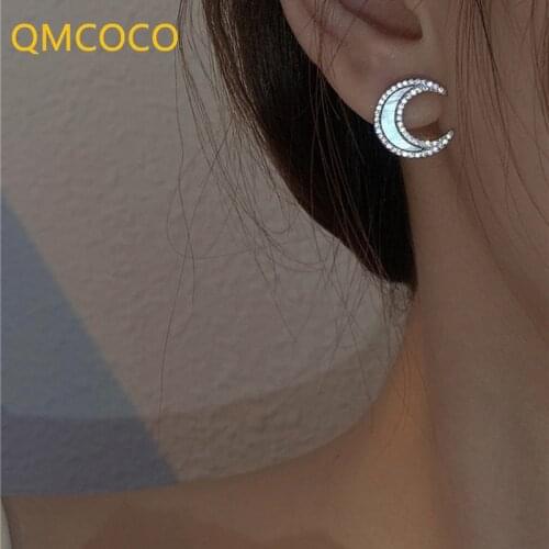 QMCOCO 925 Silver Simple Shell Moon Zircon Ear Stud For Woman Fashion Elegance Romantic Vintage Handmade Party Jewelry Gifts