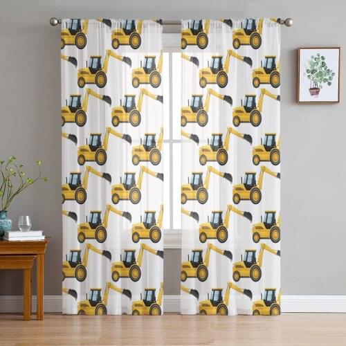 Yellow Excavator Mechanical Car White Tulle Window Treatment Sheer Curtains for Living Room the Bedroom Curtains Decoration