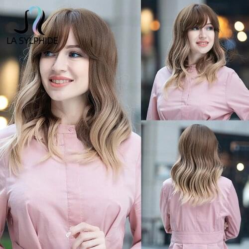 La Sylphide Synthetic Wig Medium Long Wave Brown Ombre Ash Blonde Hair tip Wigs With Bangs for Woman Daily Heat Resistant Wigs