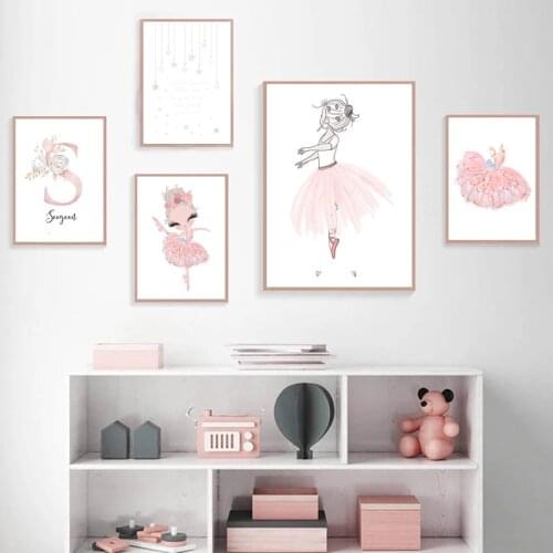 Nordic Pink Unicorn poster flower ballet girl custom name Canvas Wall printing wall art poster nursery nursery nursery home deco