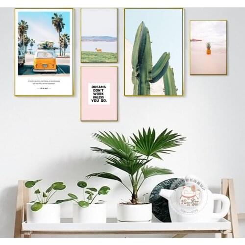 Modern Landscape Canvas Print Poster Tropical Sea Palm Tree Yellow Bus Pineapple Beach Cactus Picture Wall Art Home Decor 3-54