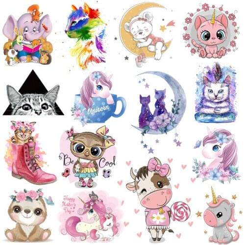 Prajna Cartoon Animals Patch Iron On Transfers For Clothing Cute Unicorn Stripes Heat Transfer Vinyl Thermal Stickers On Clothes