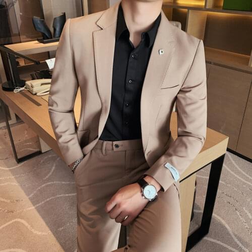 2021 Spring Solid Color Suit Men Wedding Suits Mens 2 Pcs Male Suits with Pants Korean Slim Fit Dress Prom Costume Homme Terno