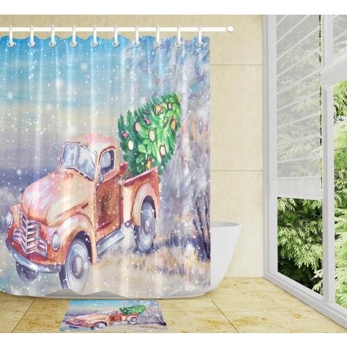 Watercolor Doodle Merry Christmas Deer Tree Red Truck Elk Gift Shower Curtain For Bathroom Decoration With Hooks Happy New Year