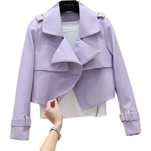 FMFSSOM 2021 Autumn Women Faux Leather Jacket New Short Biker Coat Loose Locomotive Coat Stree Wear Chic Black Lavender Outwear