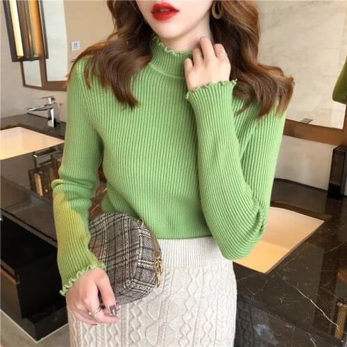 Women Knitted Ruched Mock Neck Sweater Autumn Winter Basic Fit Black Pullovers Solid Casual Slim Long Sleeve Pull Femme P-56