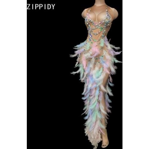 Multi-color Pearl Stone Sequins Slit Feather Dress Prom Bar Birthday Celebrate Dress Women Dancer Show Long Dress