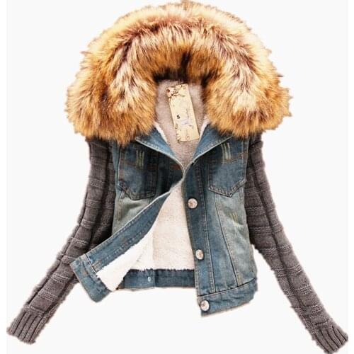 Winter Jeans Coat Outwear Fur Fleece Short Denim Jacket Long Sleeve Slim Women Warm Fur Collar Outerwear Coat for Couple