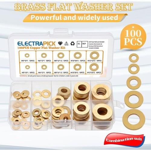 100PCS Flat Washers,Brass Sealing Rings Copper Flat Assortment Washers Set 5/6/8/10/12mm,with Box Suitable for Screw Fasteners