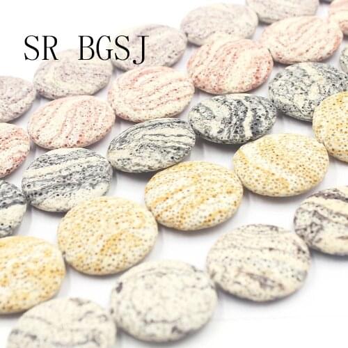 Free Shipping 32mm Large Coin Shape Band Stripe Natural Stone Lava Jewelry Making Loose Beads 15"
