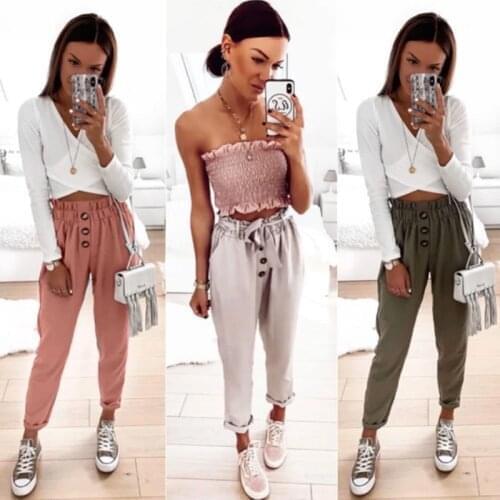 Women Casual Ankle-Length Pants Solid Front Buttons Sashes High Waist Cotton Women Pants Autumn Spring Fashion Elegant Clothes