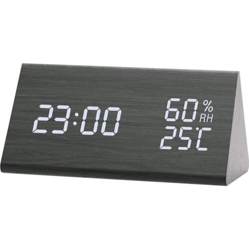 Humidity and Temperature Alarm Clock Triangle Digital Baby Room Wood Clock Mute Luminous LED Electronic Gift