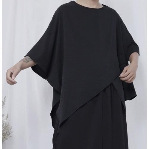 Original new t-shirt male five-point sleeve T-shirt trend dark black Yamamoto niche design asymmetric round neck loose T-shirt