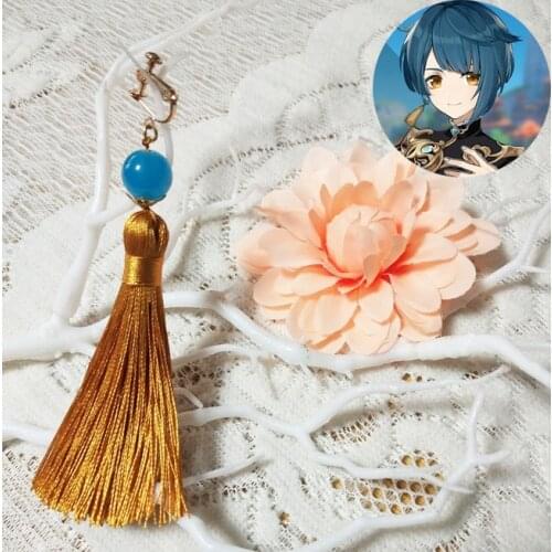 Game Genshin Impact XingQiu Cosplay Earring Jade Floyd Blue Pendant Ear stud Halloween Party Props Gifts