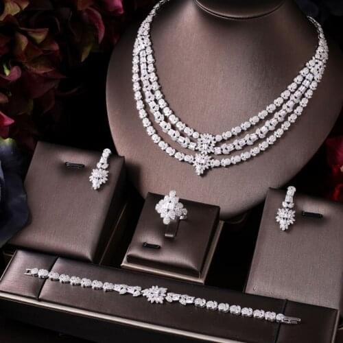 Janekelly trendy Wedding Necklace Earrings For Women Accessories Flower Cubic Zirconia Bridal Jewelry Sets