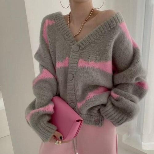 Autumn Winter Striped Cardigan Women Oversized Cardigan Patchwork Korean Fashion Color V-neck Sweater Jacket Outer Wear 2021
