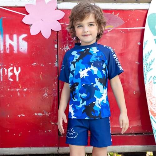 Short Sleeve Swimsuit For Boys Dolphin Print Children Swimwear Child Shorts Two Piece Swim Suit Kid Blue Bathing Suit Rash Guard