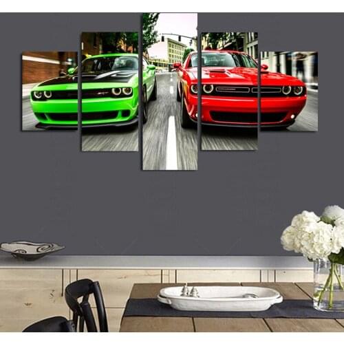 Fashion Home Decoration Canvas Painting 5 Pieces Green Red Cars Pictures Wall Artwork Prints Modular Poster For Living Room