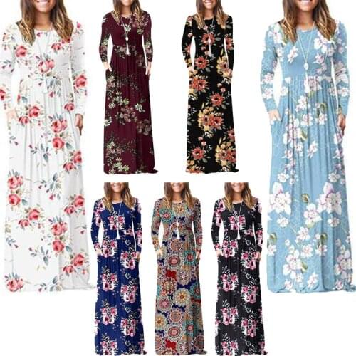 2021 Autumn Vintage Floral Dress Maxi Casual Dress with Long Sleeve Pocket Boho Robe for Pregnant Women Plus Size Ruched Dress