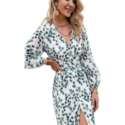 Summer Women Green Leaf Print Dress Long Sleeve V-neck Belt High Split A-Line Dress Boho Style Holiday Vacation Dresses Vestidos