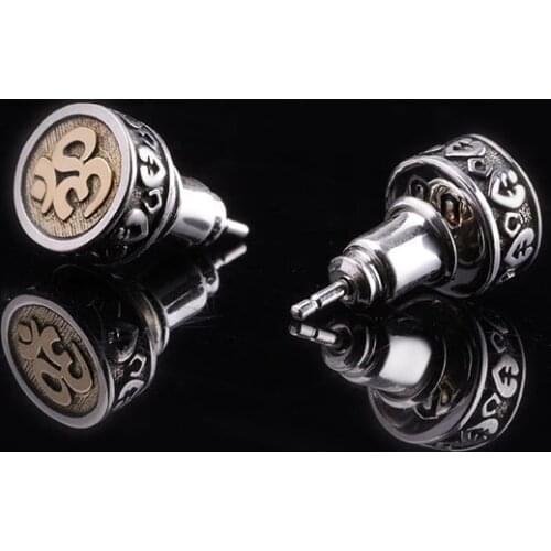 Genuine 925 Sterling Silver color Studding Earrings For Men and Women With OM Symbol Tibetan Buddhist earring Jewelry