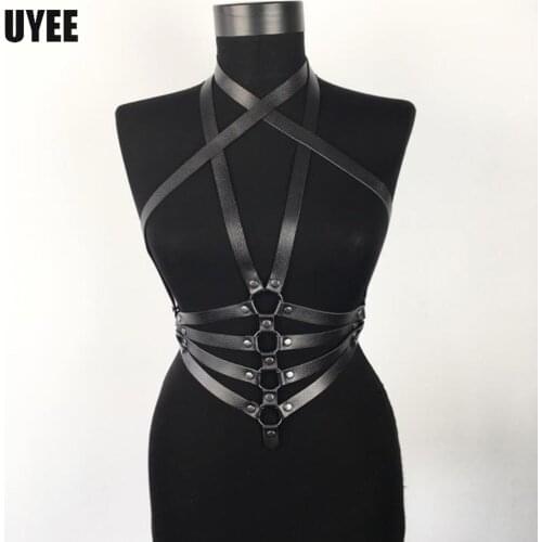 UYEE Women Sexy Lingerie Body Bondage Harness Bra Cage PU Leather Collar Waist Garter Belts Clubwear Harajuku Gothic Suspenders