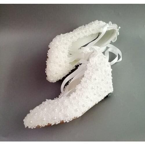 5CM heel White lace pearls wedding shoe bride handmade luxury designer satin ribbon bridal wedges heel dancing wedding pump shoe