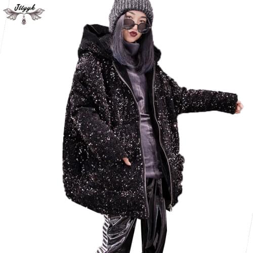 Vintage Winter Jacket Female Thicken Sequins Hooded Parka Warm Coats 2021 Down Cotton Coat Motorcycle Jacket Chaqueta mujer 704