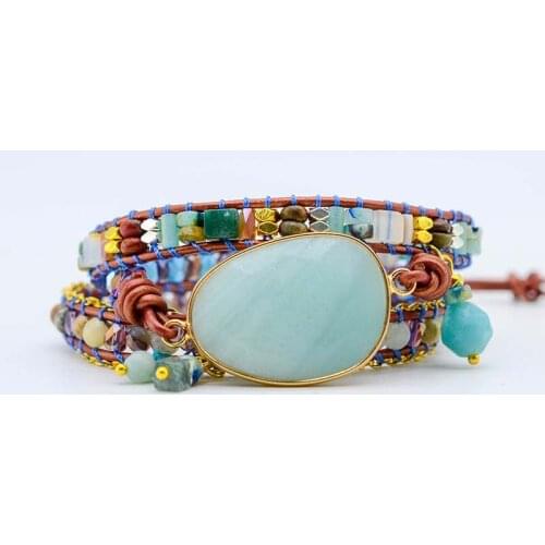 Egg Shape Leather Bracelets Amazonite 3 Strands Chain Wrap Bracelets Bohemia Handmade Jewelry Gifts