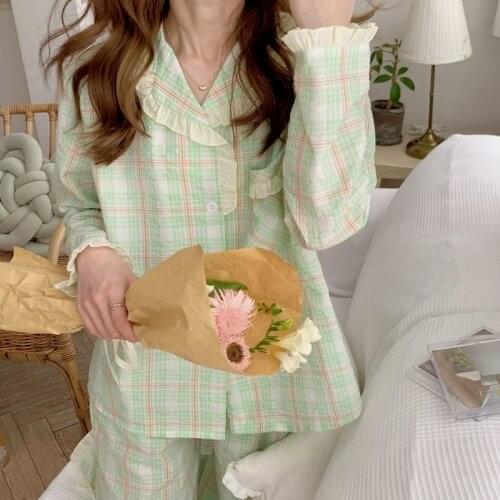 QWEEK Plaid Pyjamas Set Woman 2 Pieces Cotton Pajamas Girls Vintage Blue Pijamas Lace Cute Sleepwear Short Sleeve Loungewear