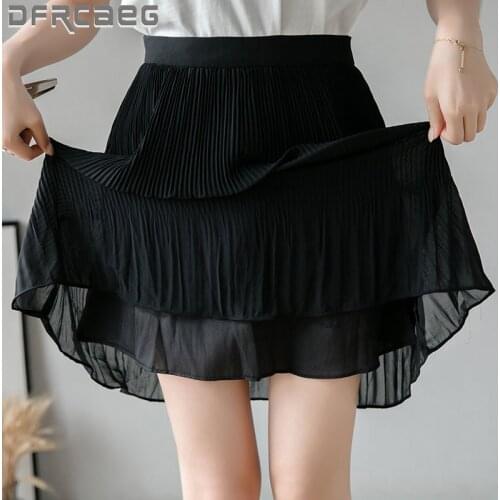 Beige Or Black Chiffon Summer Skirts Womens 2020 Fashion Korean High Waist Tutu Pleated Mini School Skirt With Lining