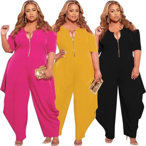 Fashion Plus Size Women Clothes Solid Color Round Collar Sexy Dew Shoulder Zipper Ruffles Loose Jumpsuit Wholesale Dropshipping