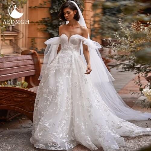 Aedmgh A-Line Beach Wedding Dresses 2021 Sweetheart Bow Off The Shoulder Vestido De Novia Backless Appliques Fairy Bridal