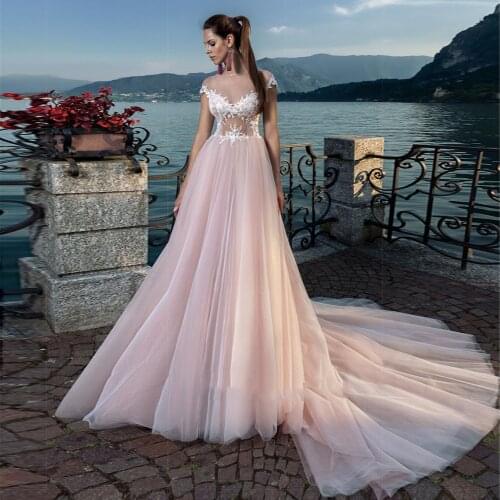 2021 Sexy Sheer Bodice with Lace Pink Wedding Dresses Romantic Appliques A-line Tulle Bridal Dress vestidos de novia con manga