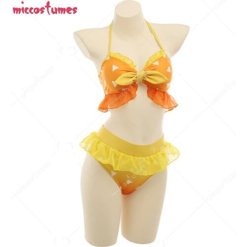 Agatsuma Zenitsu Halter Triangle Ruffled Bikini Top and Shorts Set Swimming Suit Bathing Suit Beach Swimsuit Outfit Cosplay