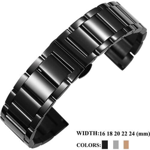 Black Watch Strap 16mm/18mm/20mm/22mm/24mm Stainless Steel Bracelet Clasp Bands Rose Gold Golden Sliver Watches Band Accessories