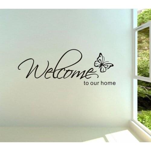 'Welcome To Our Home' Text Patterns wall sticker home decor living room Decals wallpaper Bedroom Decorative butterfly Stickers