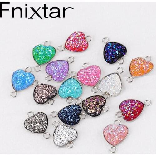 Fnixtar13mm Stainless Steel Glitter Faux Druzy Resin Charm Love Heart Drusy Charm Connector For DIY Jewelry Making 50piece/lot
